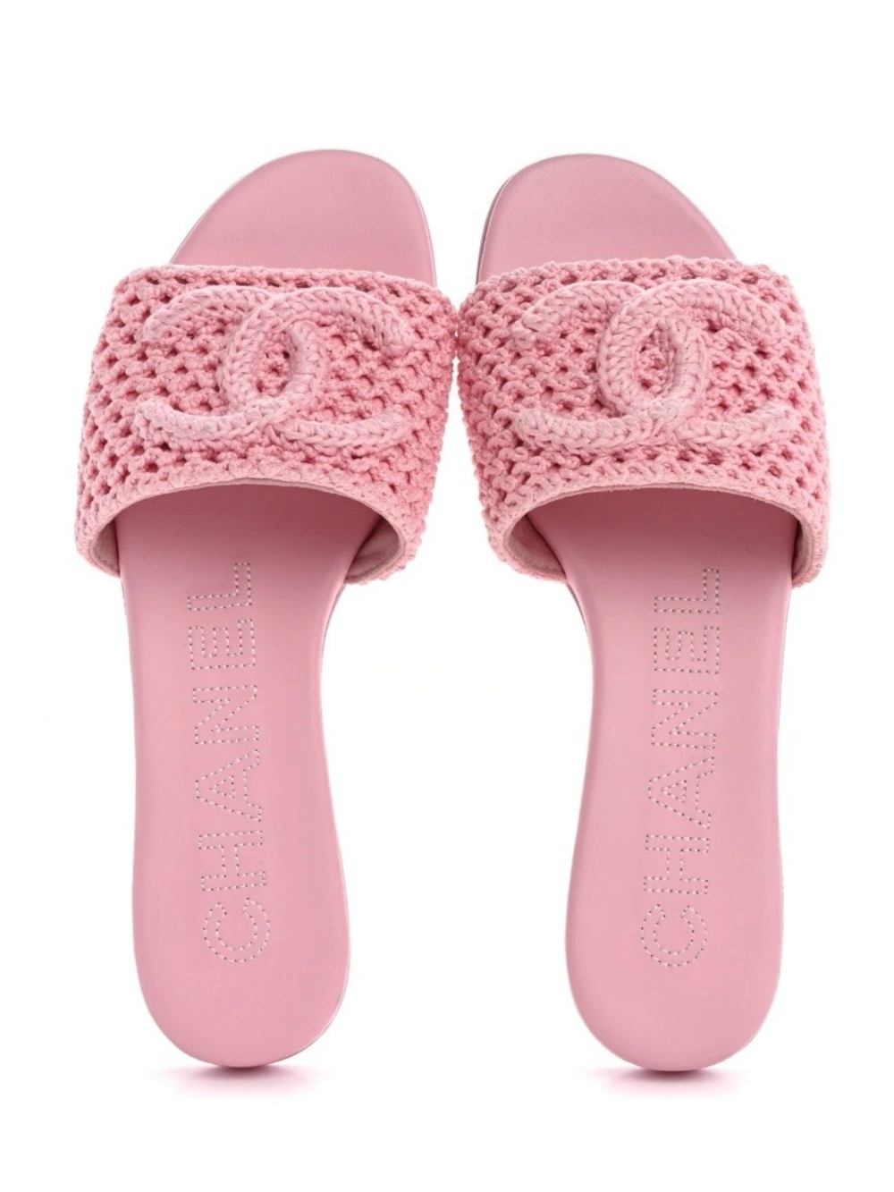 CHANEL Coco Beach 2024 Pink Crochet Slide Sandals with CC Logo